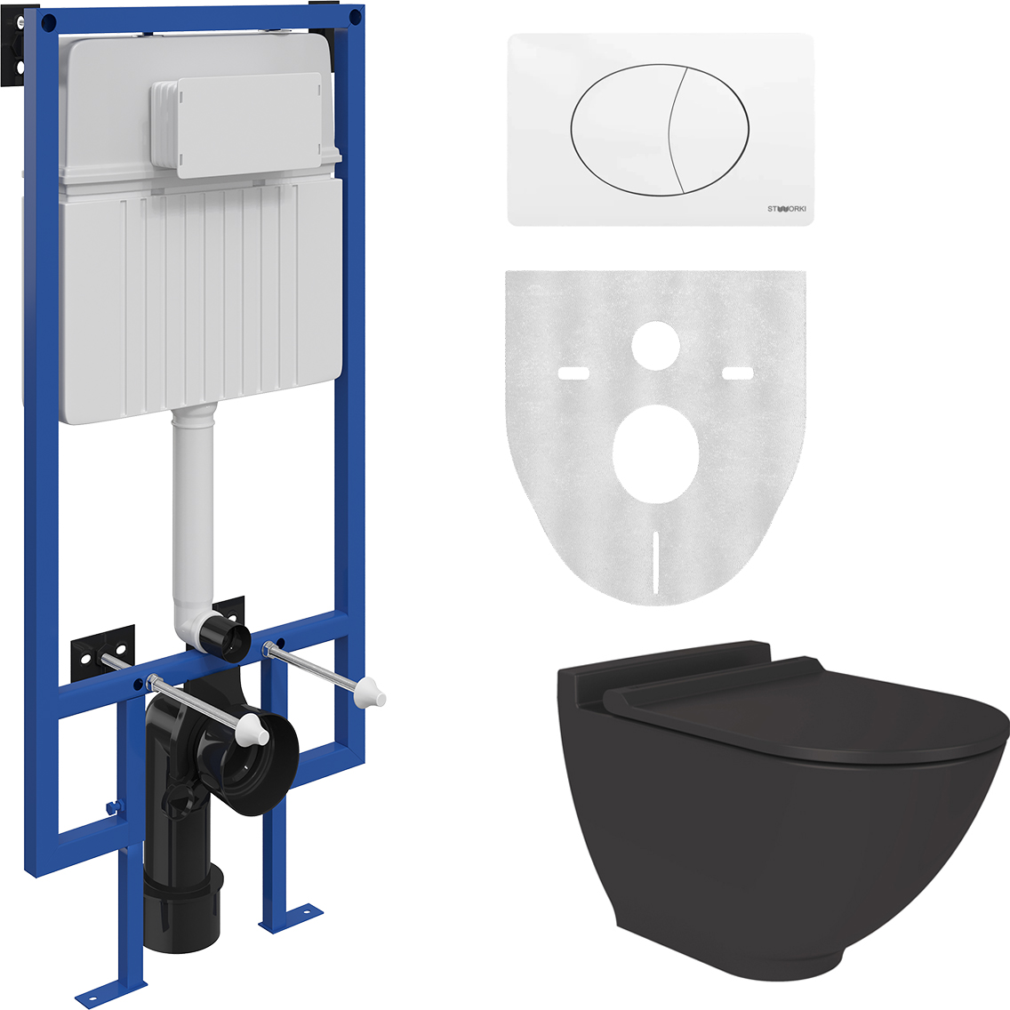 Комплект 3 в 1 Унитаз подвесной STWORKI Rotenburg SWH52 + Инсталляция 510162 + Кнопка 230824 цвет матовый белый
