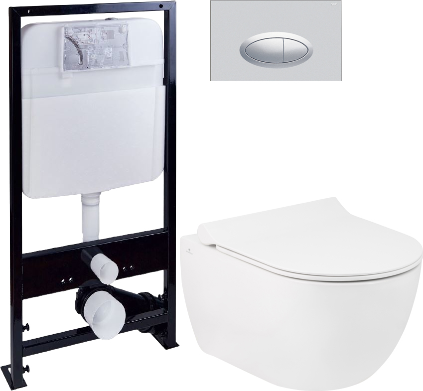 Комплект Унитаз подвесной Seramiksan Hill A031161H безободковая + Крышка Neon A030011 с микролифтом + Инсталляция EWRIKA ProLT 0026-2020 + Кнопка 0050 хром матовый