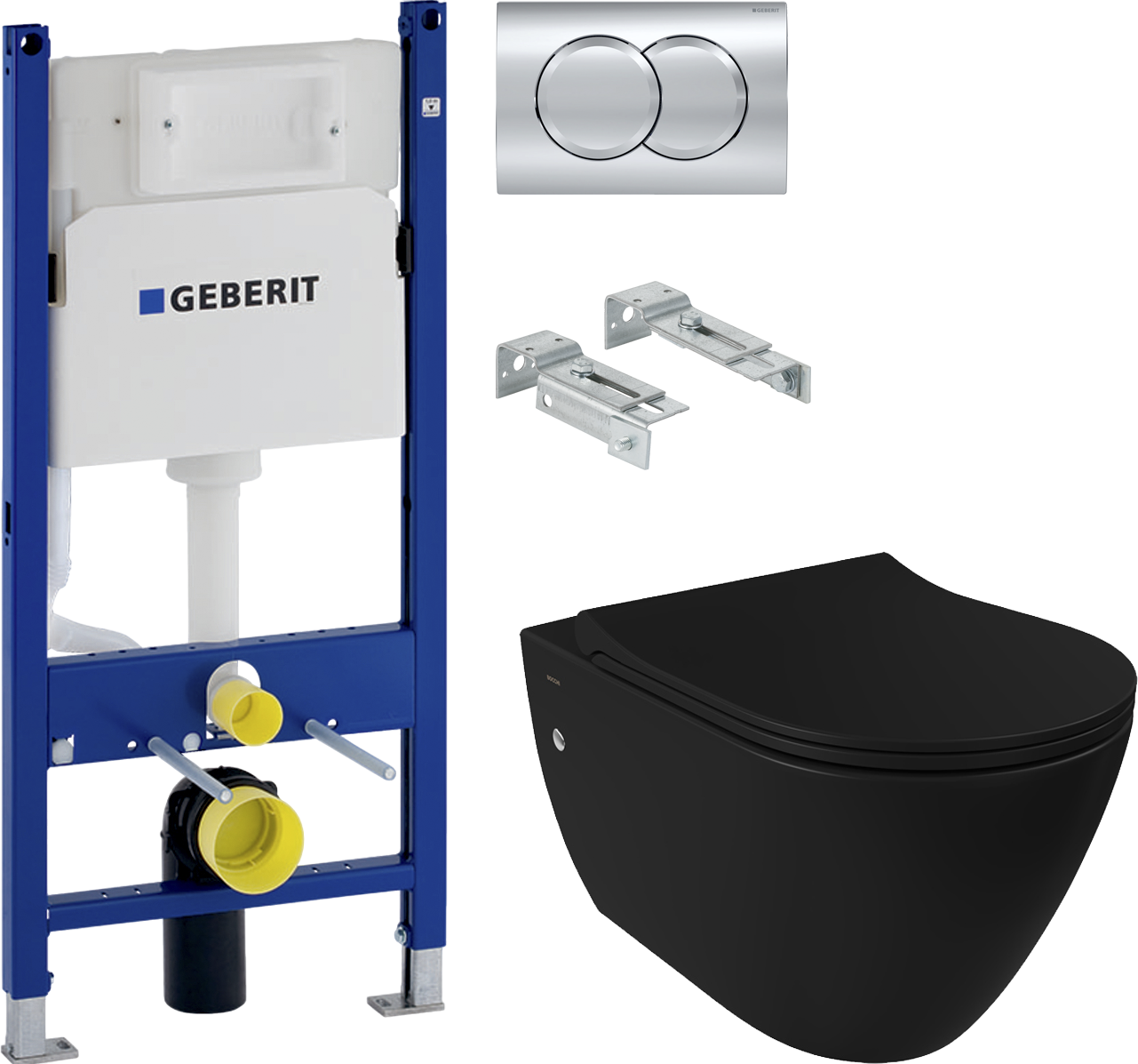 Комплект Унитаз подвесной BOCCHI Venezia 1295-004-0129 черный матовый, тонкая крышка с микролифтом + Система инсталляции для унитазов Geberit Duofix Delta 458.124.21.3 с кнопкой смыва, хром