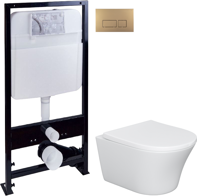 Комплект Унитаз подвесной STWORKI Вестерос HCVST1700SC безободковый, с микролифтом + Инсталляция EWRIKA ProLT 0026-2020 + Кнопка 0043 золото матовое