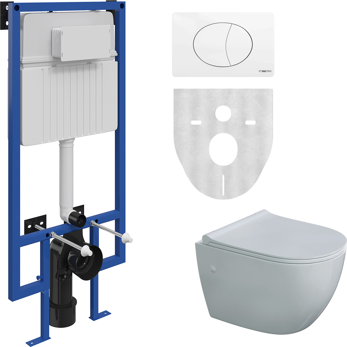 Комплект STWORKI Унитаз подвесной Berges Wasserhaus Okus 082127 с микролифтом + Система инсталляции для унитазов STWORKI 510162 + кнопка смыва