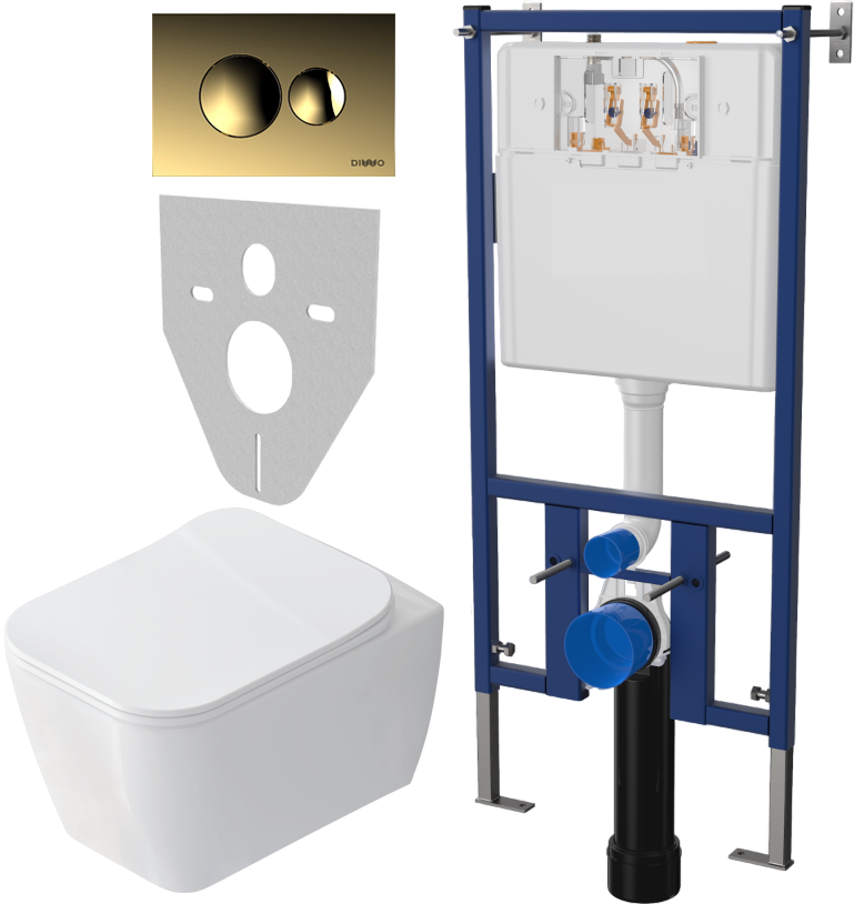 Комплект Унитаз подвесной STWORKI Монтре SETK3204-2616 безободковый, с микролифтом + Система инсталляции для унитазов DIWO 4501 + Кнопка смыва DIWO 7315 золотая