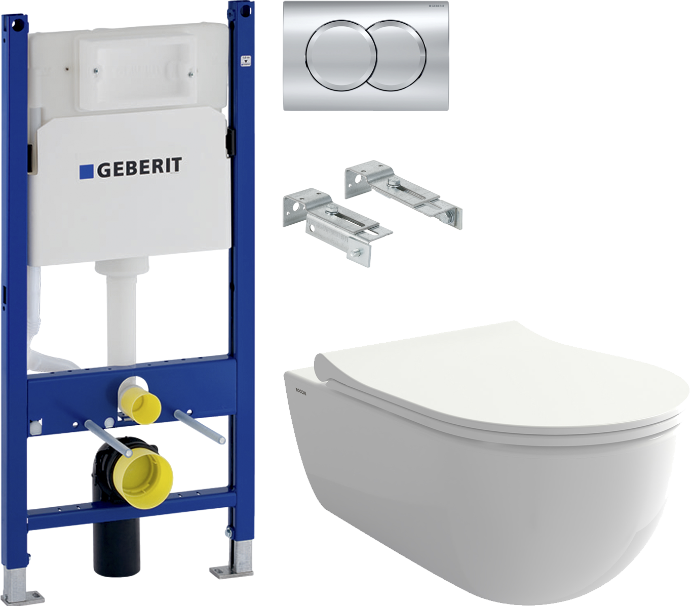 Комплект  Унитаз подвесной BOCCHI V-Tondo 1416-001-0129 белый глянцевый, тонкая крышка с микролифтом + Система инсталляции для унитазов Geberit Duofix Delta 458.124.21.3 с кнопкой смыва, хром