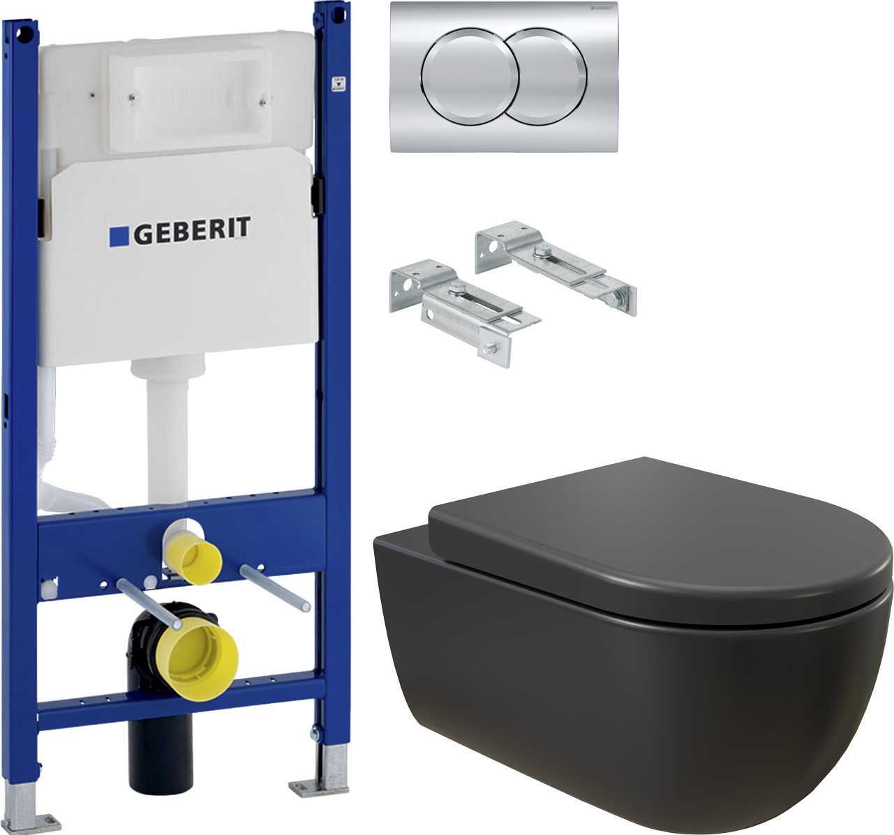 Комплект Унитаз подвесной BOCCHI V-Tondo 1416-004-0129 черный матовый, с крышкой A0302-004 с микролифтом + Система инсталляции для унитазов Geberit Duofix Delta 458.124.21.3 с кнопкой смыва, хром