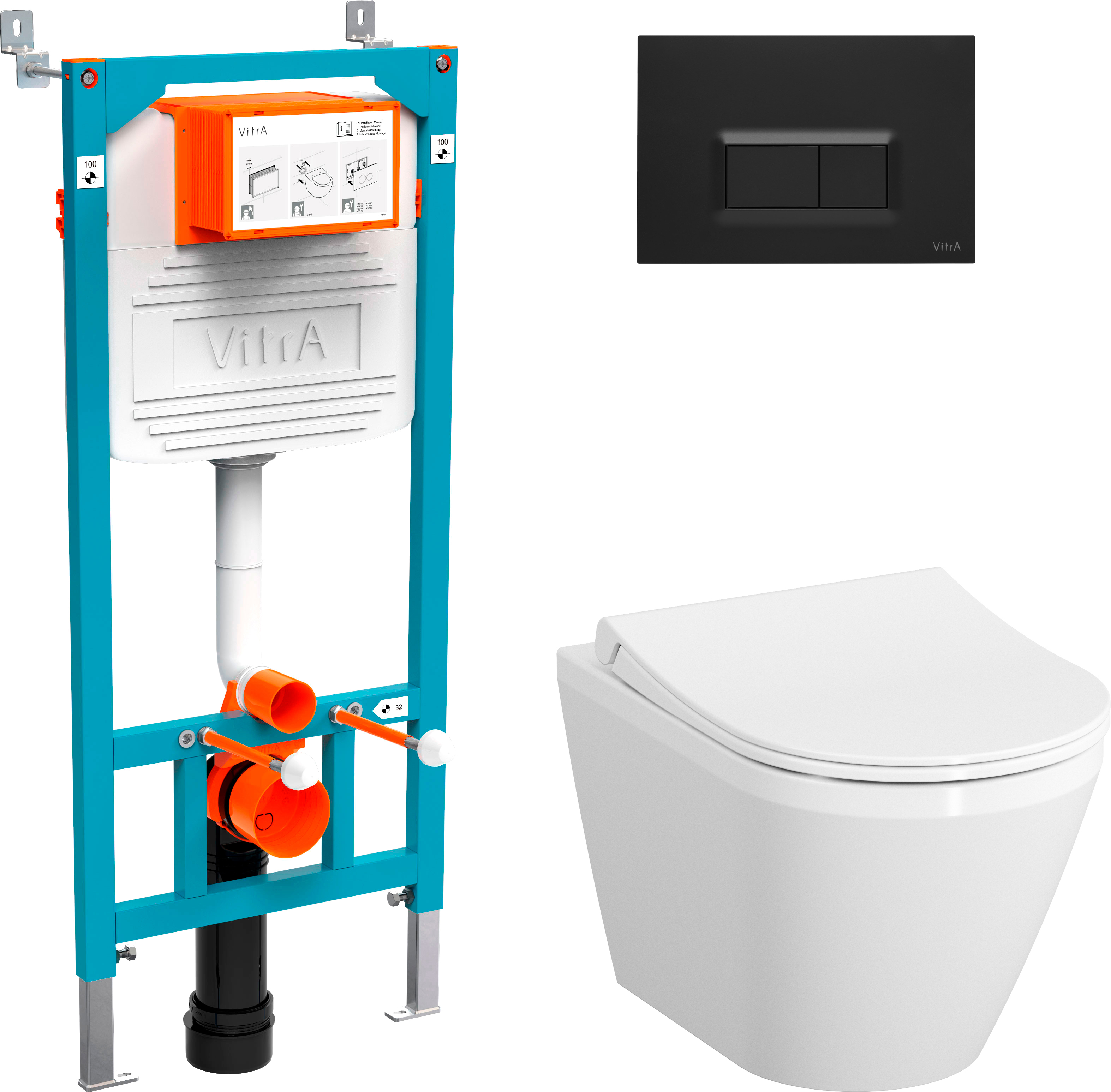 Комплект  Система инсталляции VitrA 800-2014 с кнопкой смыва, черная + Чаша для унитаза подвесного VitrA Integra 7040B003-0075 + Крышка-сиденье VitrA 110-003-019