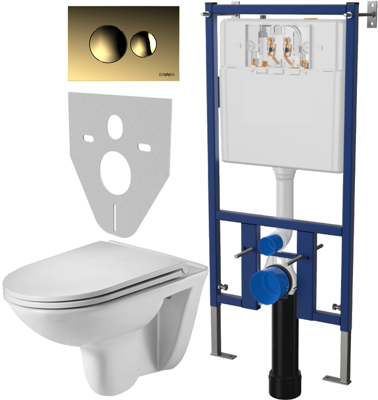 Комплект Унитаз подвесной Weltwasser WW SK Baarbach 004GL-WT безободковый, с микролифтом + Система инсталляции для унитазов DIWO 4501 + Кнопка смыва DIWO 7315 золотая