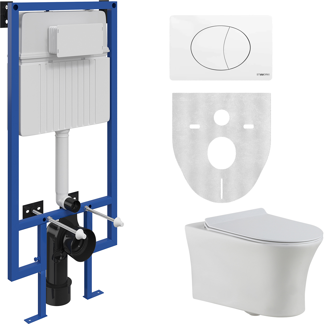 Комплект Унитаз подвесной STWORKI Ноттвиль Ноттвиль NO-01up безободковый, с микролифтом + Инсталляция 510162 + Кнопка 230824 белая