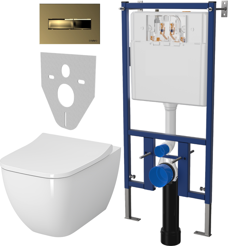 Комплект Унитаз подвесной VitrA Shift 7742B003-0075 крышка NKP Lento 0405, безободковый, с микролифтом + Система инсталляции для унитазов DIWO 4501 + Кнопка смыва DIWO 7325 золотая