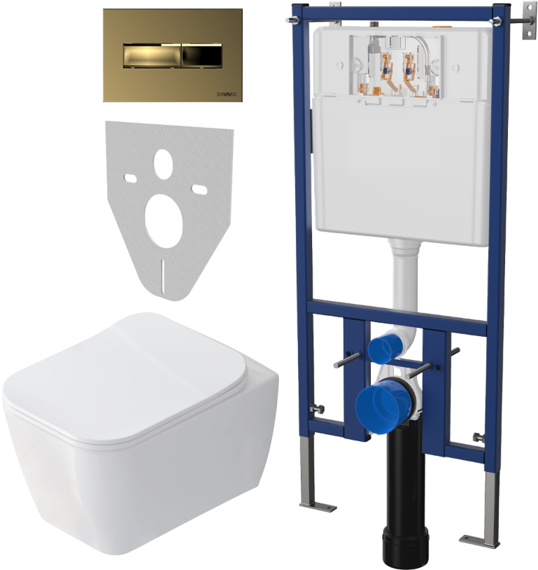 Комплект Унитаз подвесной STWORKI Монтре SETK3204-2616 безободковый, с микролифтом + Система инсталляции для унитазов DIWO 4501 + Кнопка смыва DIWO 7325 золотая
