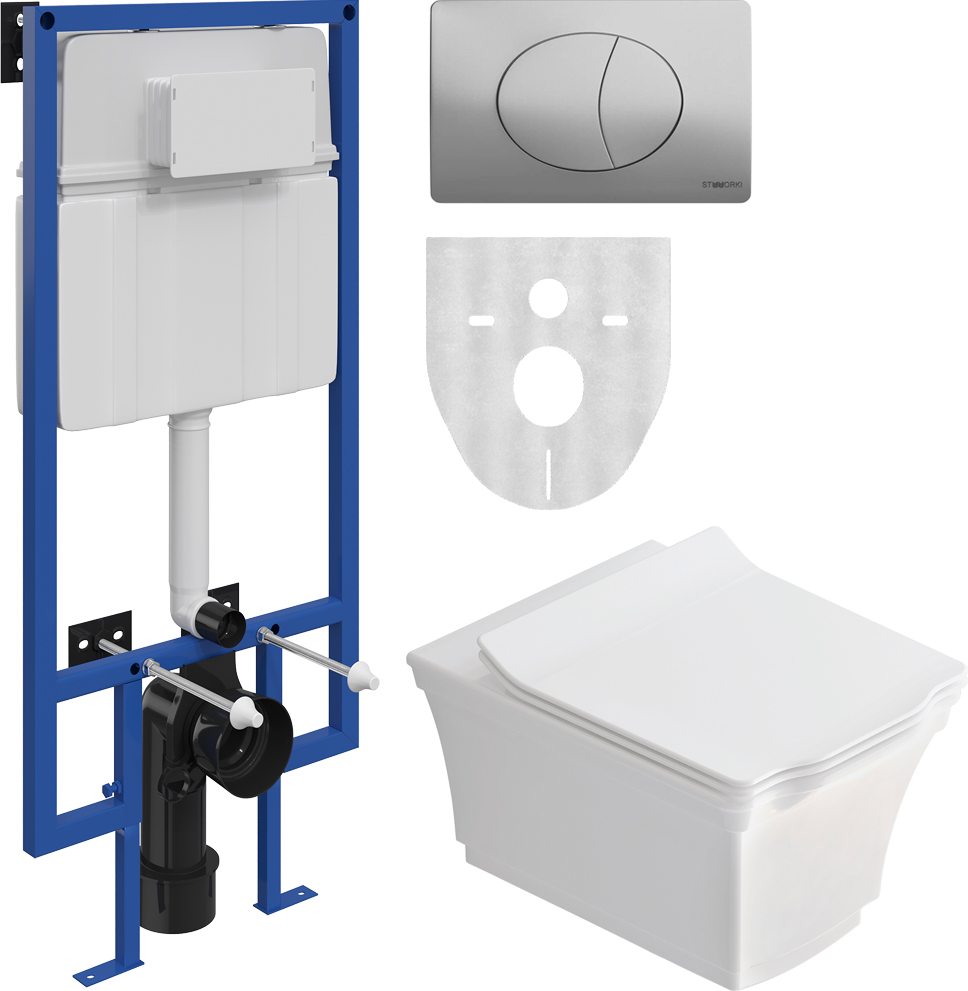 Комплект Унитаз подвесной STWORKI Хадстен SETK3304-0616-001-1-6000 с микролифтом + Инсталляция + Кнопка 230822 хром глянцевый