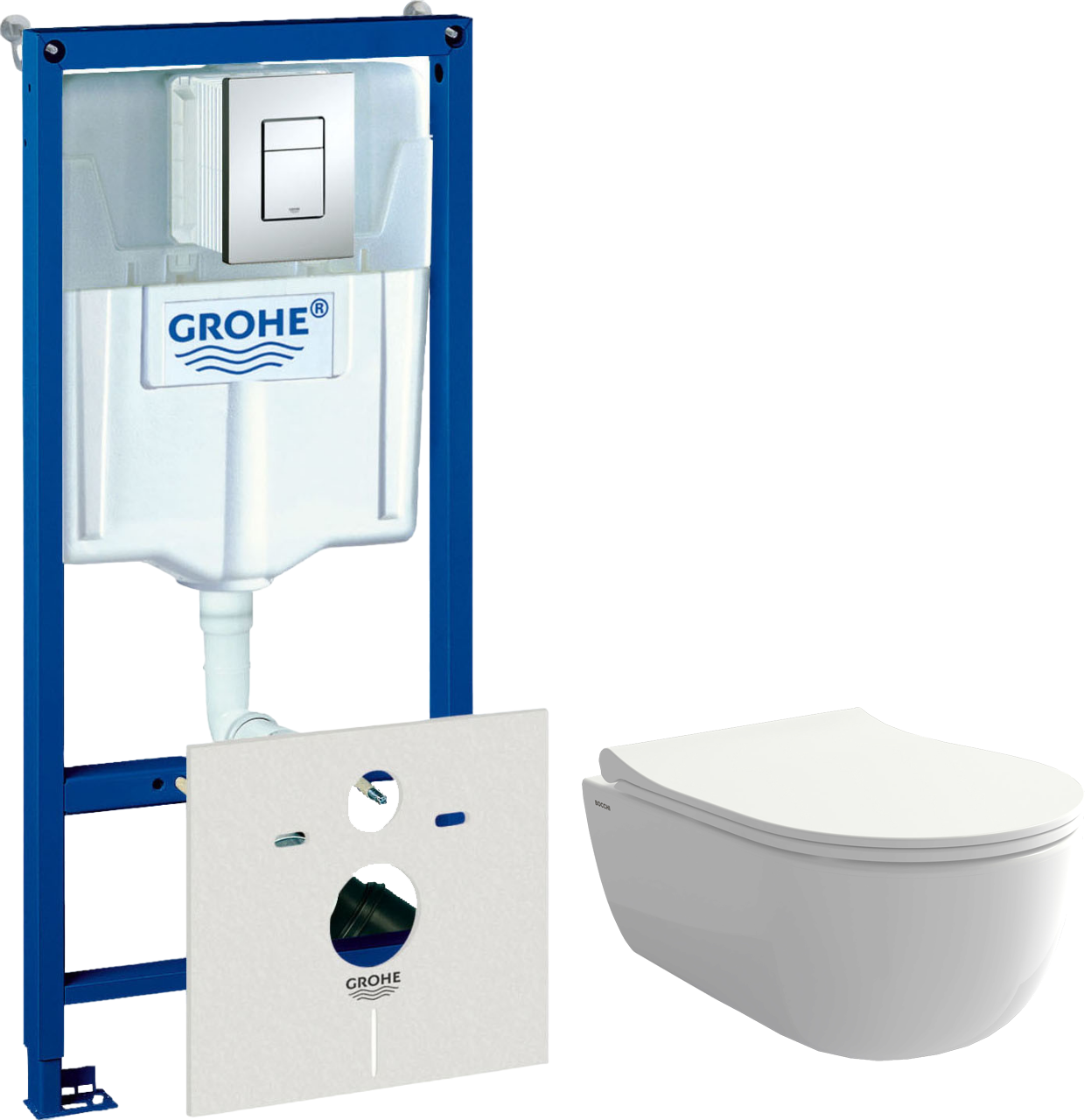Комплект Унитаз подвесной BOCCHI V-Tondo 1417-001-0129 белый глянцевый, тонкая крышка с микролифтом + Система инсталляции для унитазов Grohe Rapid SL 38775001H 4 в 1 с кнопкой смыва и шумоизоляцией