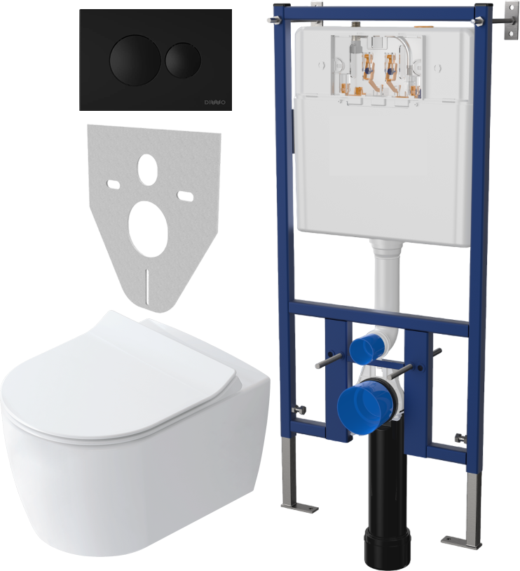 Комплект Унитаз подвесной STWORKI Ноттвиль SETK3104-2616 безободковый, с микролифтом + Система инсталляции для унитазов DIWO 4501 + Кнопка смыва DIWO 7313 черная матовая
