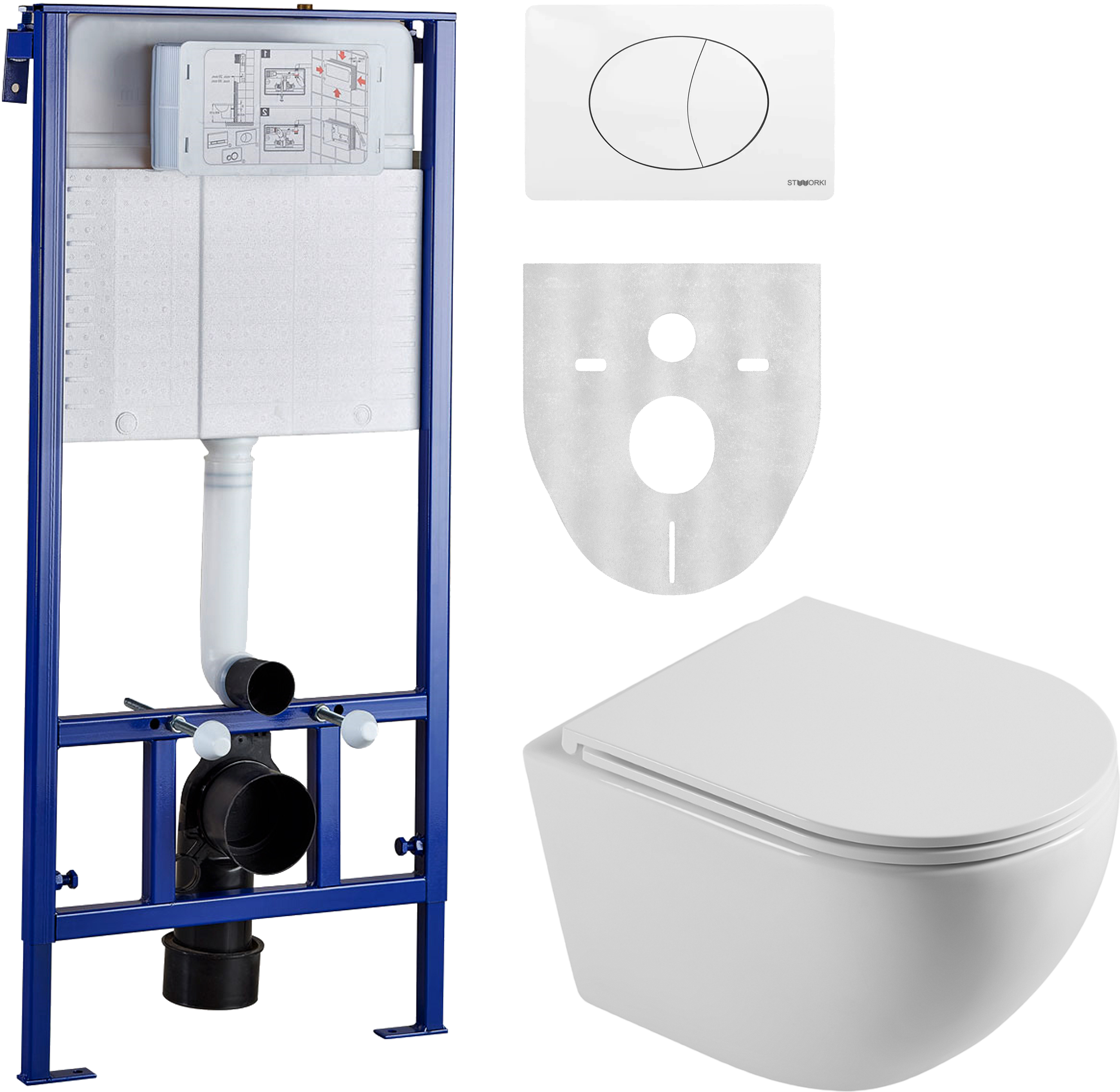 Комплект Унитаз подвесной STWORKI Скаген SK-09up безободковый, с микролифтом + Инсталляция + Кнопка 230824 белая