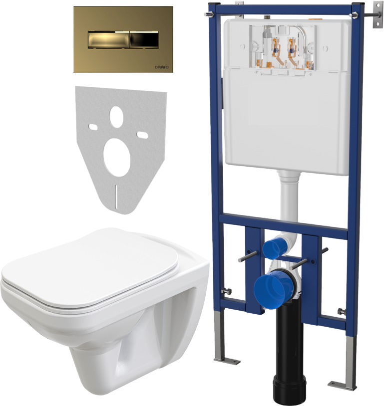 Комплект Унитаз подвесной STWORKI Дублин SETK3504-0605-001-1-6000 с микролифтом + Система инсталляции для унитазов DIWO 4501 + Кнопка смыва DIWO 7325 золотая