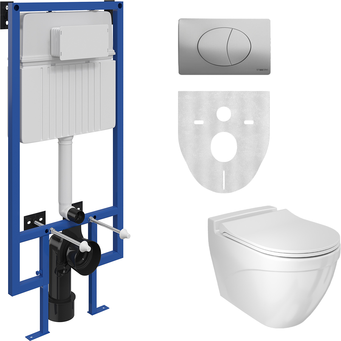 Комплект Унитаз подвесной BOCCHI Taormina Arch 1012-001-0129 крышка тонкая с микролифтом, белый +  Система инсталляции для унитазов STWORKI 510162 + Кнопка смыва STWORKI 230822 хром глянцевый