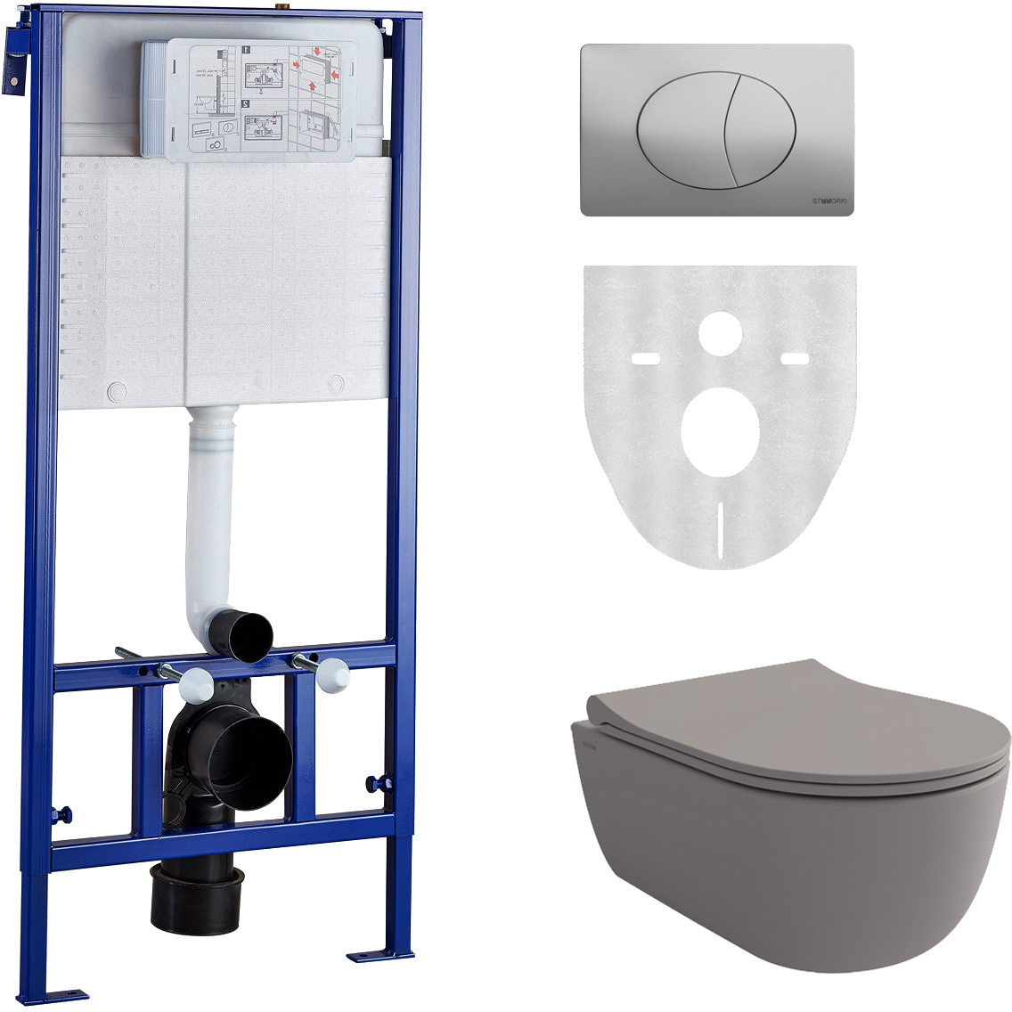 Комплект Унитаз подвесной BOCCHI V-Tondo 1417-006-0129 безободковый, серый матовый + Крышка A0336-006 с микролифтом, серая матовая + Инсталляция STWORKI 510162 + Кнопка 230823 хром матовый