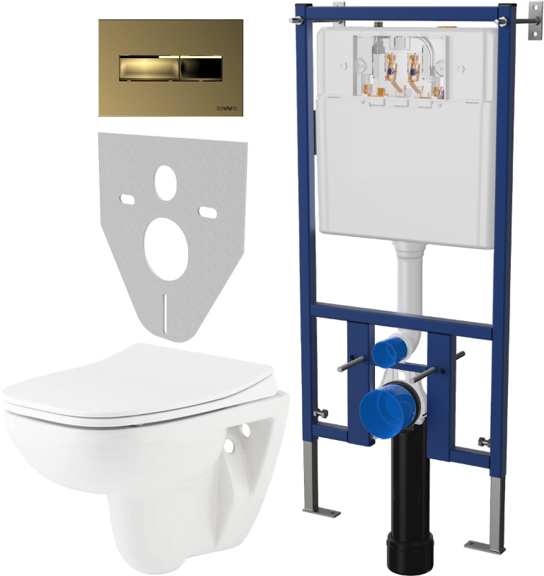 Комплект 4 в 1 Унитаз подвесной Seramiksan Petite A101002H + Сиденье AG50006 с микролифтом + Инсталляция DIWO 4501 + Кнопка 7325 цвет матовое золото