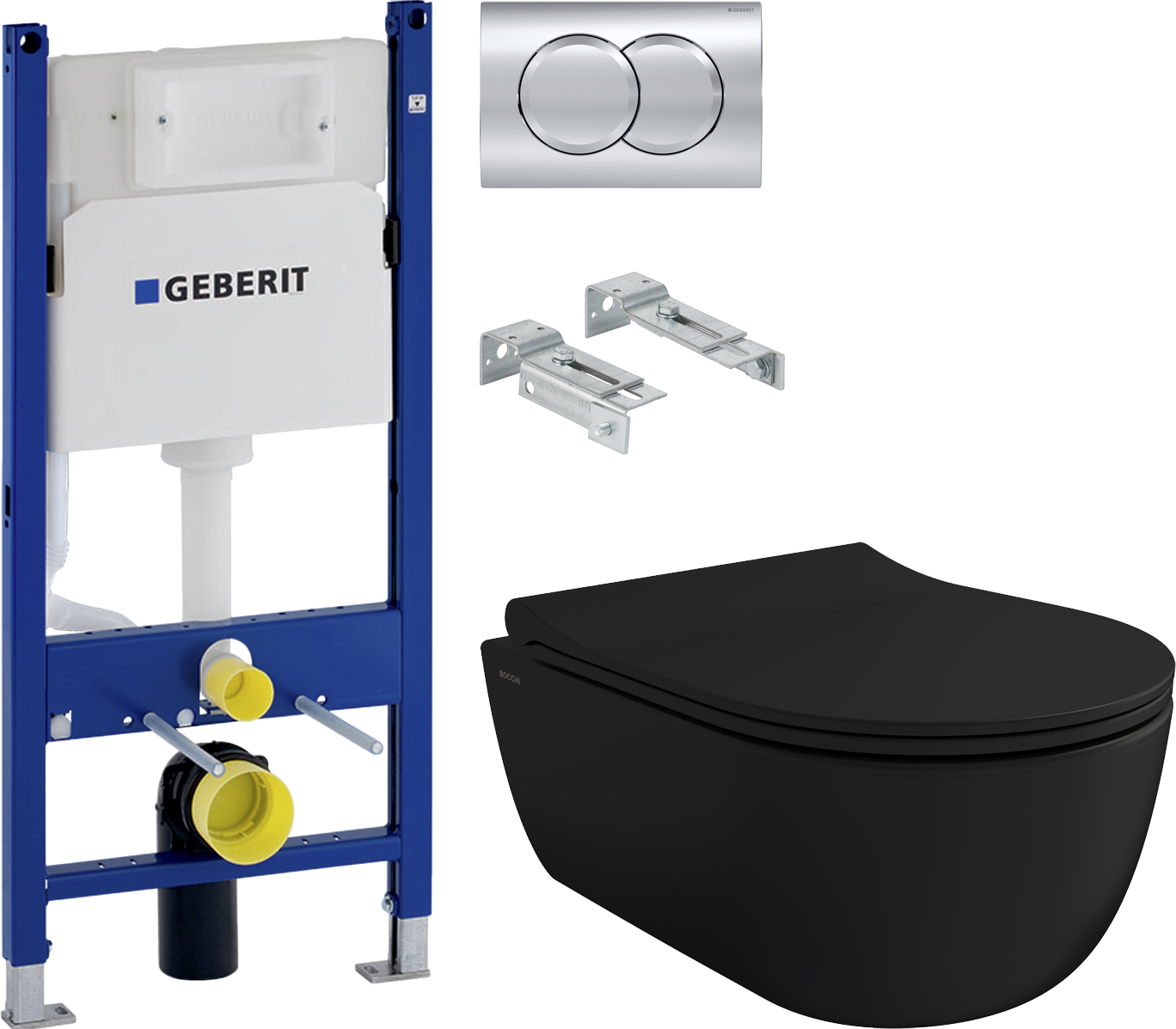 Комплект  Унитаз подвесной BOCCHI V-Tondo 1417-004-0129 черный матовый, тонкая крышка с микролифтом + Система инсталляции для унитазов Geberit Duofix Delta 458.124.21.3 с кнопкой смыва, хром