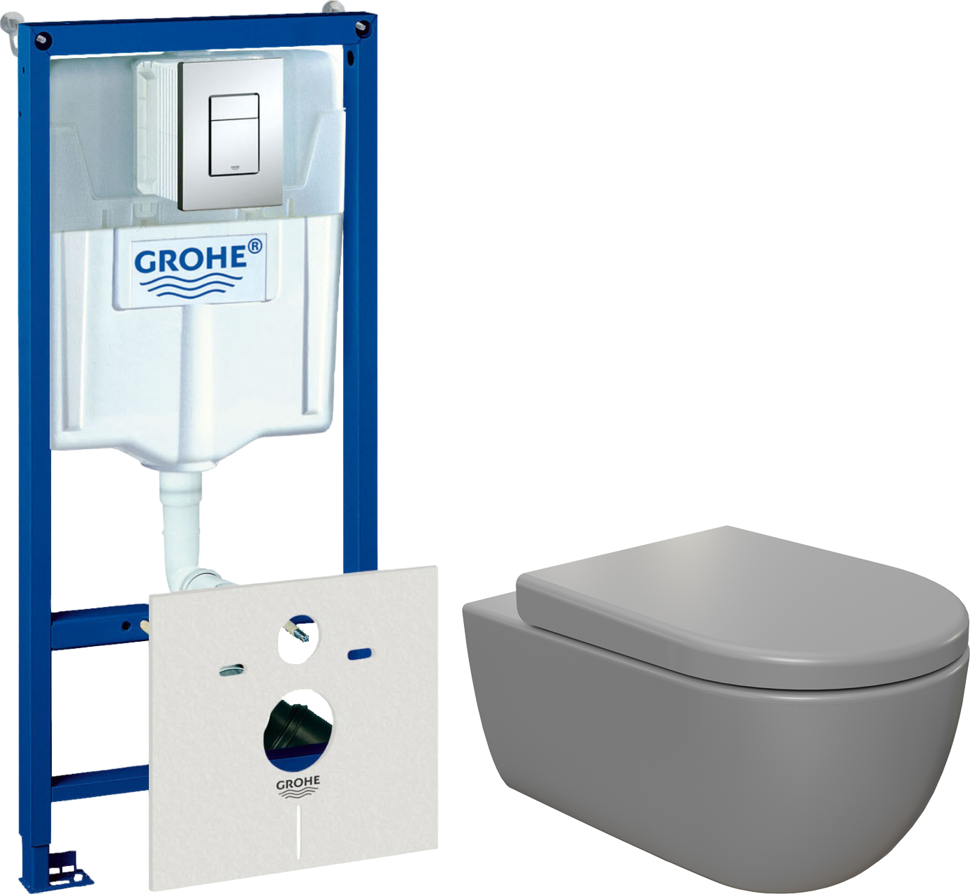Комплект Унитаз подвесной BOCCHI V-Tondo 1416-006-0129 серый матовый, с крышкой A0302-006 с микролифтом + Система инсталляции для унитазов Grohe Rapid SL 38775001 4 в 1 с кнопкой смыва