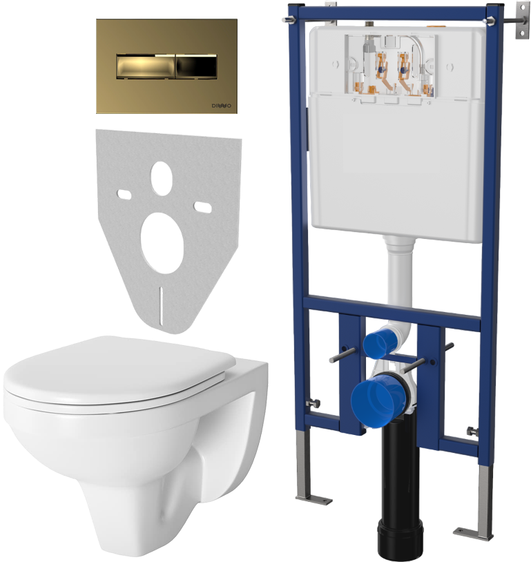 Комплект Унитаз подвесной Berges Wasserhaus Gamma 081105 с микролифтом + Система инсталляции для унитазов DIWO 4501 + Кнопка смыва DIWO 7325 золотая