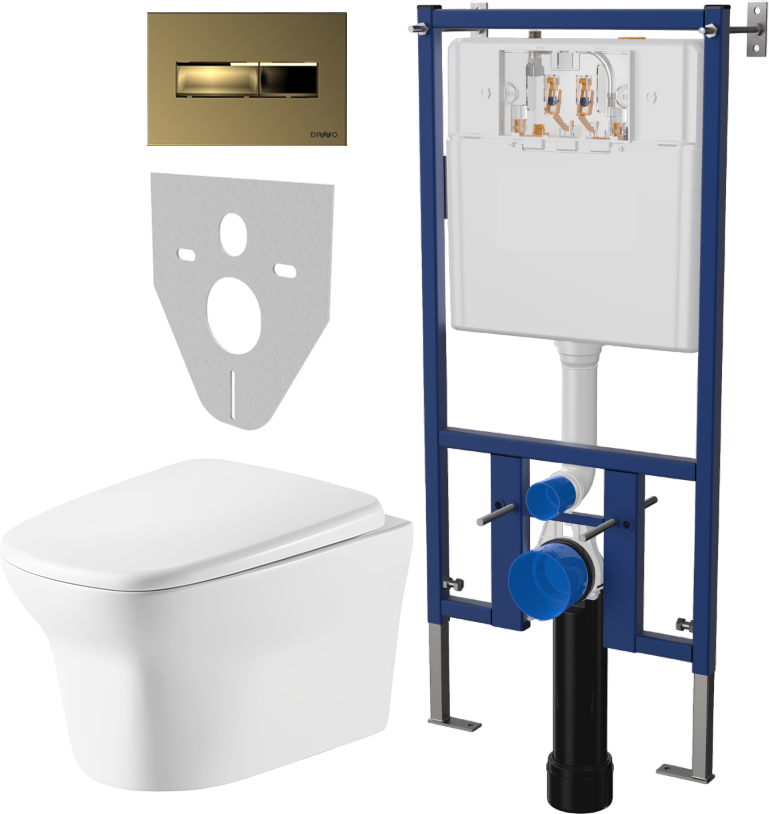 Комплект Унитаз подвесной Cerutti Spa Ami Aria 8780 безободковый, с микролифтом + Система инсталляции для унитазов DIWO 4501 + Кнопка смыва DIWO 7325 золотая
