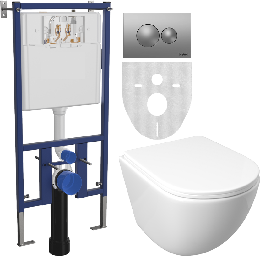 Комплект Унитаз подвесной DIWO Смоленск 11338-1-2 11Z-IG11 безободковый, с микролифтом + Инсталляция 4501 + Кнопка 7311 хром матовый