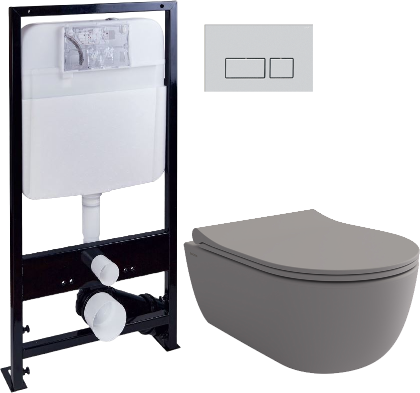 Комплект Унитаз подвесной BOCCHI V-Tondo 1417-006-0129 безободковый, серый матовый + Крышка A0336-006 с микролифтом, серая матовая + Инсталляция EWRIKA ProLT 0026-2020 + Кнопка 0040 хром матовый