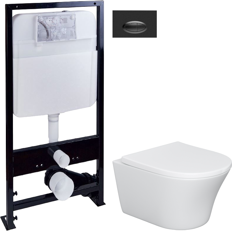 Комплект Унитаз подвесной STWORKI Вестерос HCVST1700SC безободковый, с микролифтом + Инсталляция EWRIKA ProLT 0026-2020 + Кнопка 0054 черная матовая