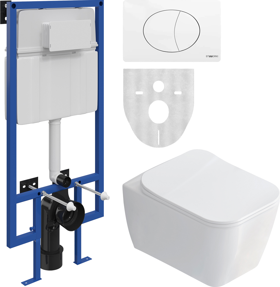 Комплект Унитаз подвесной STWORKI Монтре SETK3204-2616 безободковый, с микролифтом + Инсталляция + Кнопка 230824 белая