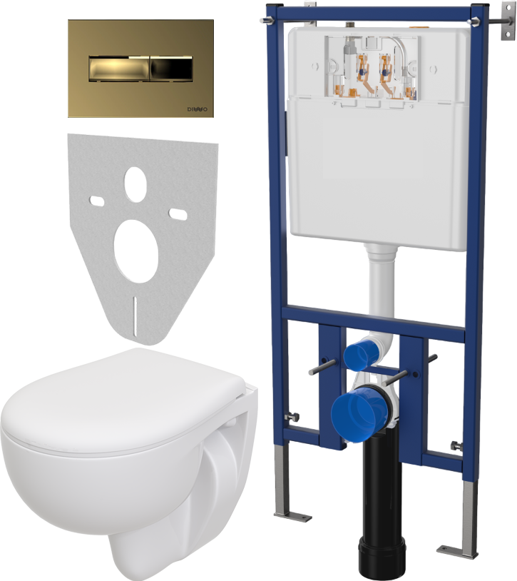 Комплект 4 в 1 Унитаз подвесной Seramiksan Natura A051041H + Сиденье AG50002 + Инсталляция DIWO 4501 + Кнопка 7325 цвет матовое золото