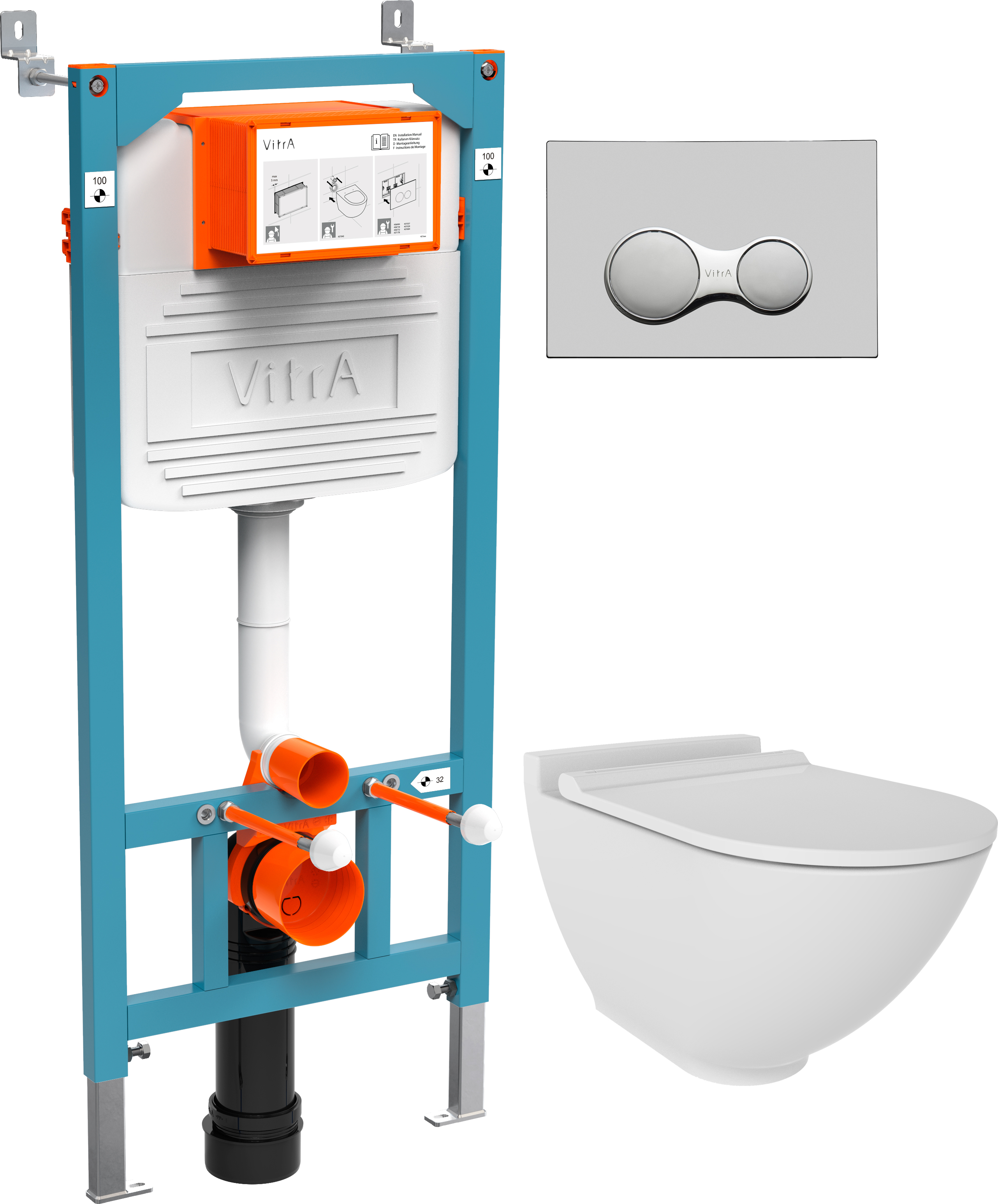 Комплект Унитаз подвесной STWORKI Rotenburg WH52 безободковый + Инсталляция VitrA 800-2010 с кнопкой смыва, хром
