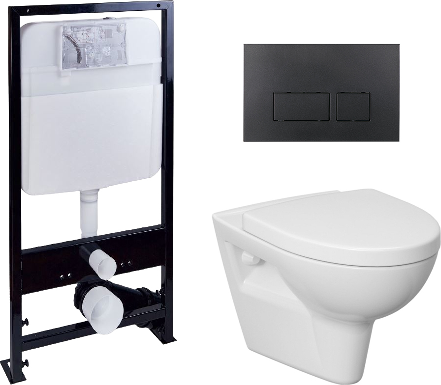 Комплект Унитаз подвесной Cersanit Parva Clean On DPL EO с микролифтом + Система инсталляции EWRIKA ProLT 0026-2020 + Кнопка смыва EWRIKA 0044 черная матовая