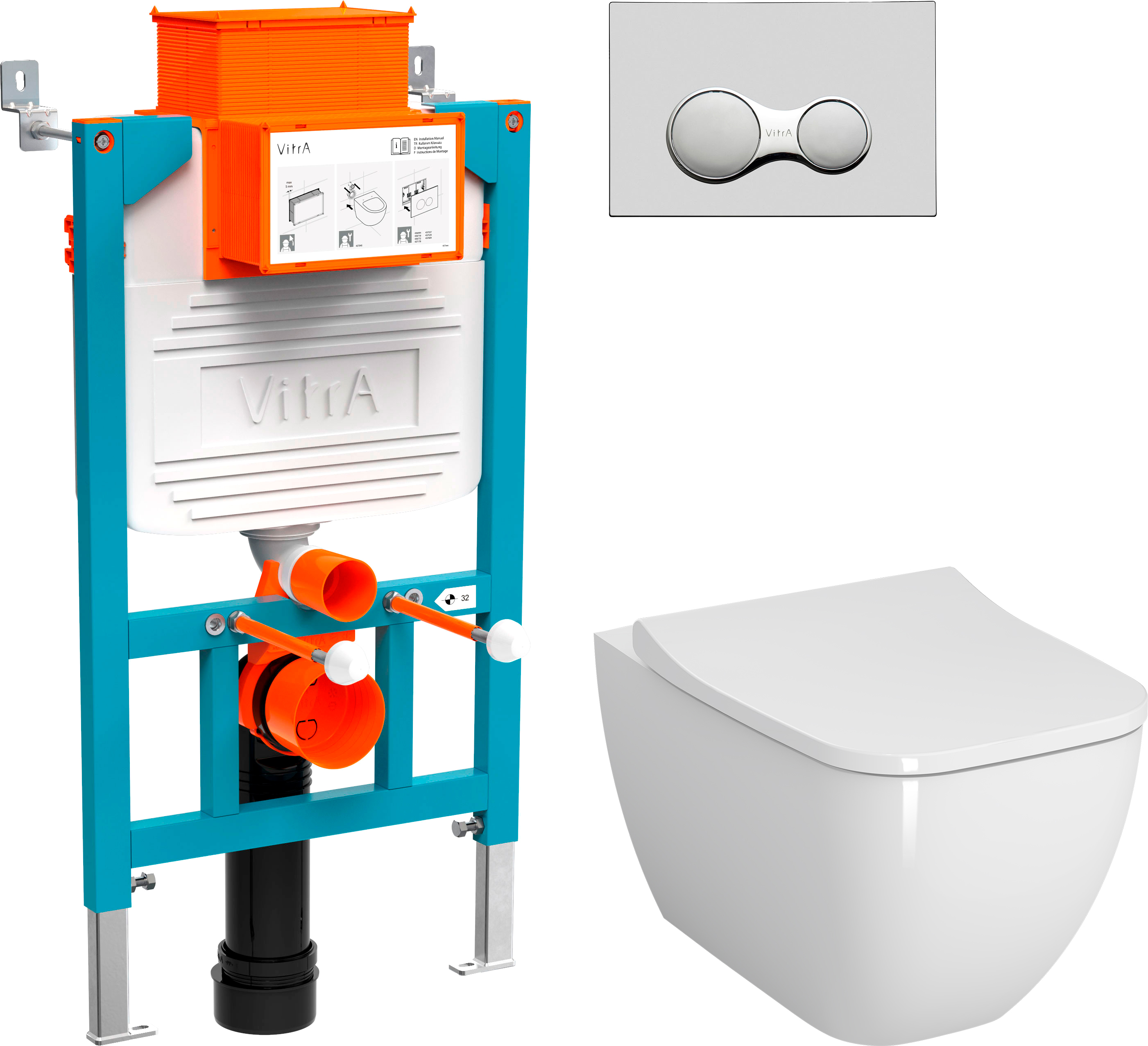 Комплект  Унитаз подвесной VitrA Shift 7742B003-0075 с тонкой крышкой NKP Lento + Система инсталляции для унитазов VitrA 800-2017 с кнопкой смыва, хром