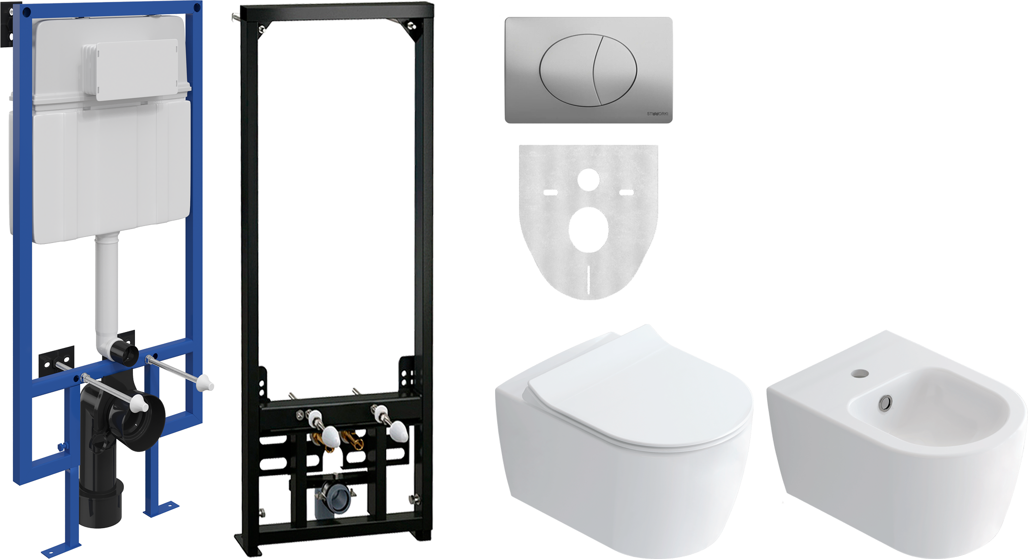 Комплект Унитаз подвесной STWORKI Ноттвиль SETK3104-2616 безободковый, с микролифтом, белый + Инсталляция + Кнопка 230823 хром матовый + Биде подвесное K3106-2605 + Инсталляция AlcaPlast A105 /1120