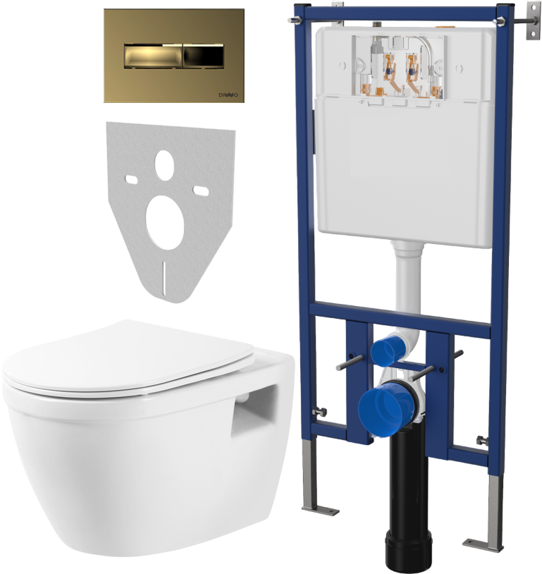 Комплект Унитаз подвесной BelBagno Loto BB070CHR/SC безободковый, с микролифтом + Система инсталляции для унитазов DIWO 4501 + Кнопка смыва DIWO 7325 золотая