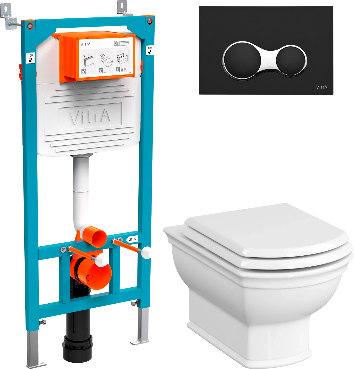 Комплект  Система инсталляции VitrA 800-2011 с кнопкой смыва, черная + Чаша для унитаза подвесного VitrA Valarte 7805B003-0075 + Крышка-сиденье VitrA Valarte 124-003-009 с микролифтом