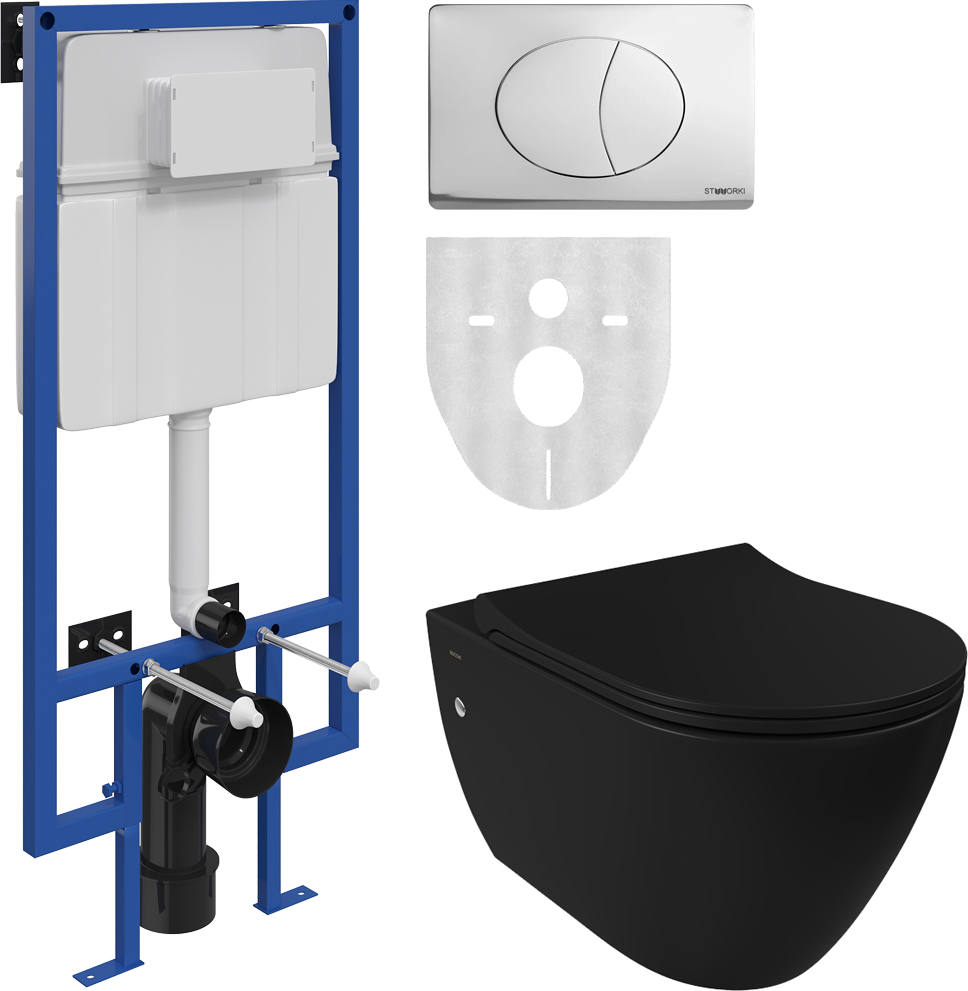 Комплект Унитаз подвесной BOCCHI Venezia 1295-004-0129 тонкая крышка с микролифтом, черный матовый + Система инсталляции для унитазов STWORKI 510163 + Кнопка смыва STWORKI 230823 хром матовый