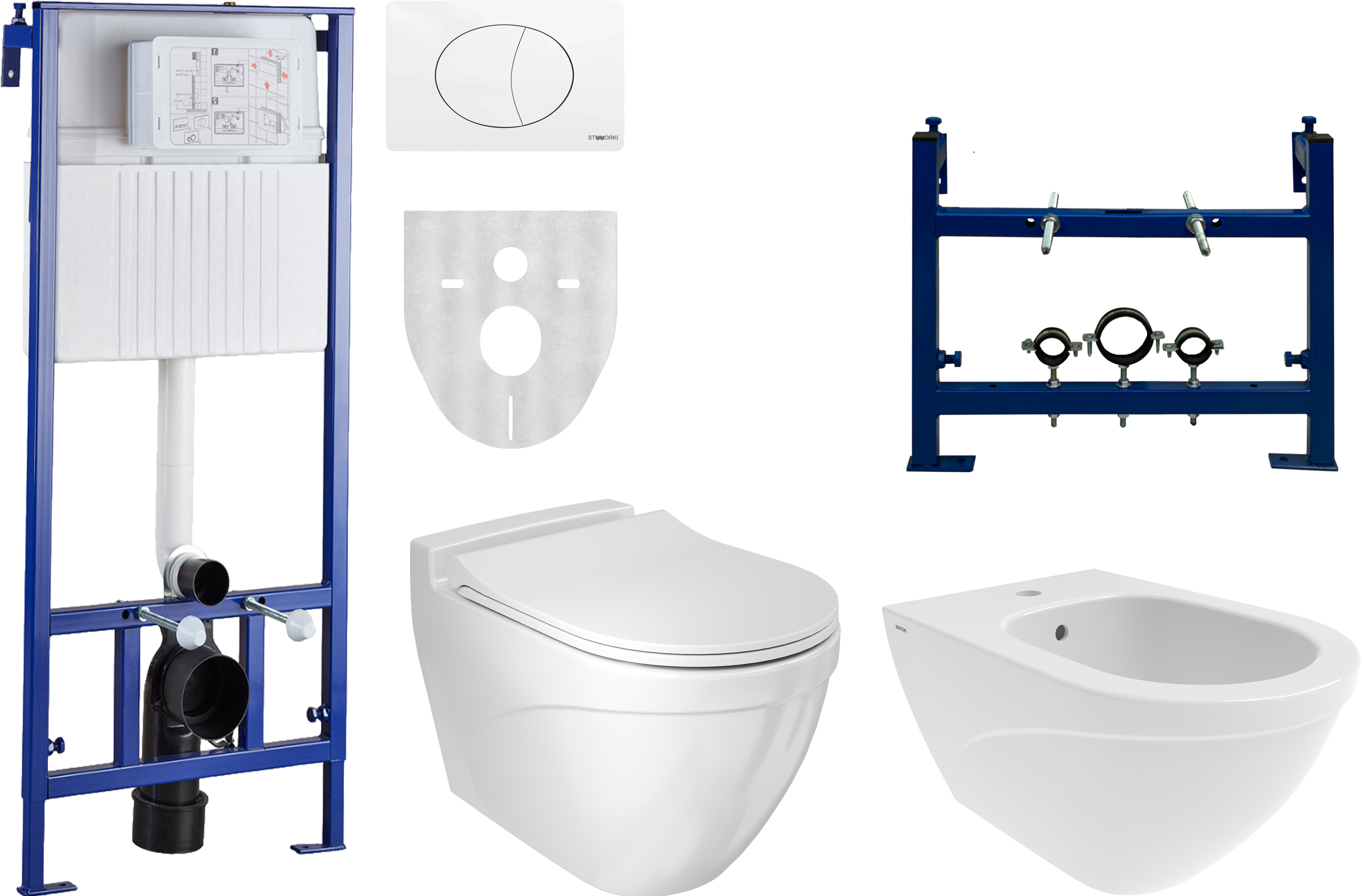 Комплект Унитаз подвесной BOCCHI Taormina Arch 1012-001-0129 белая + Крышка A0302-001 с микролифтом, глянцевая белая + Инсталляция STWORKI + Инсталляция + Кнопка 230824 белая + Биде подвесное