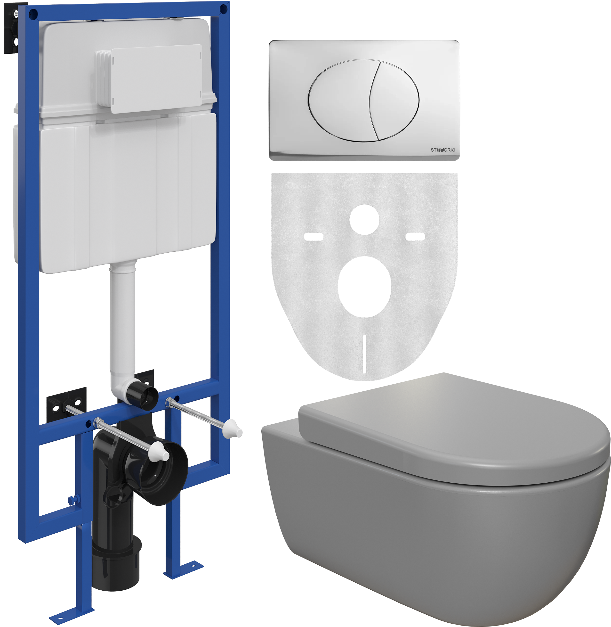 Комплект Унитаз подвесной BOCCHI V-Tondo 1416-006-0129 с микролифтом, серый матовый + Система инсталляции для унитазов STWORKI 510163 + Кнопка смыва STWORKI 230823 хром матовый