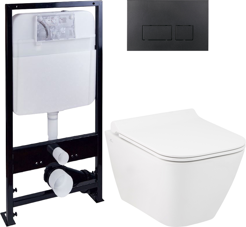 Комплект Унитаз подвесной Seramiksan Saturn Rimout A141151H безободковый + Крышка Bold A090001 с микролифтом + Инсталляция EWRIKA ProLT 0026-2020 + Кнопка 0044 черная матовая