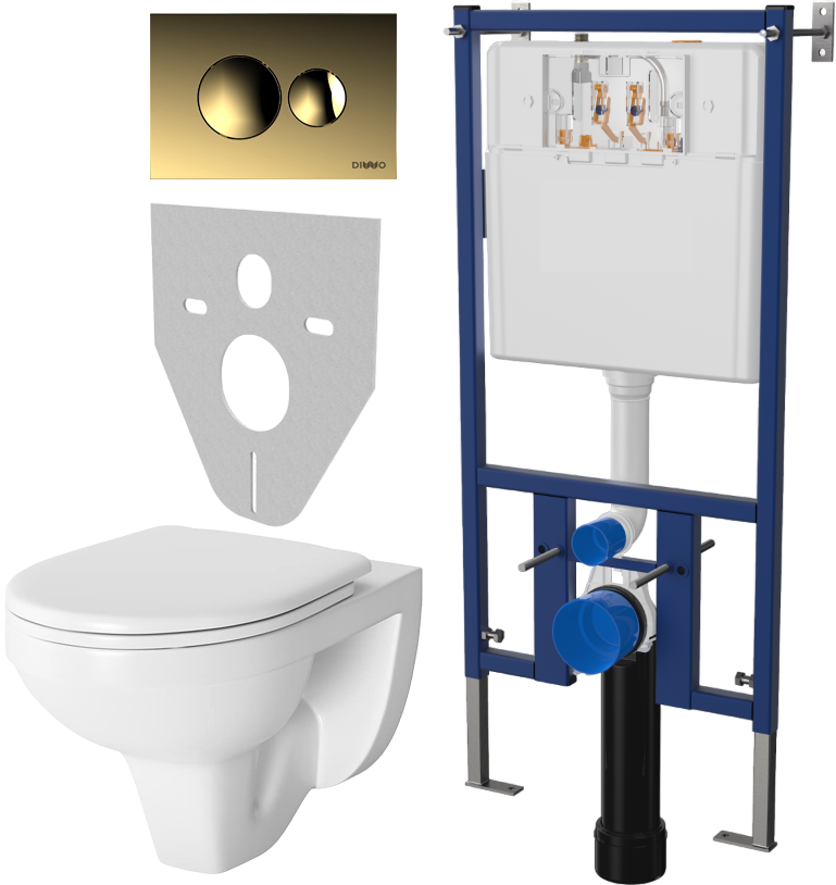 Комплект Унитаз подвесной Berges Wasserhaus Gamma 081105 с микролифтом + Система инсталляции для унитазов DIWO 4501 + Кнопка смыва DIWO 7315 золотая