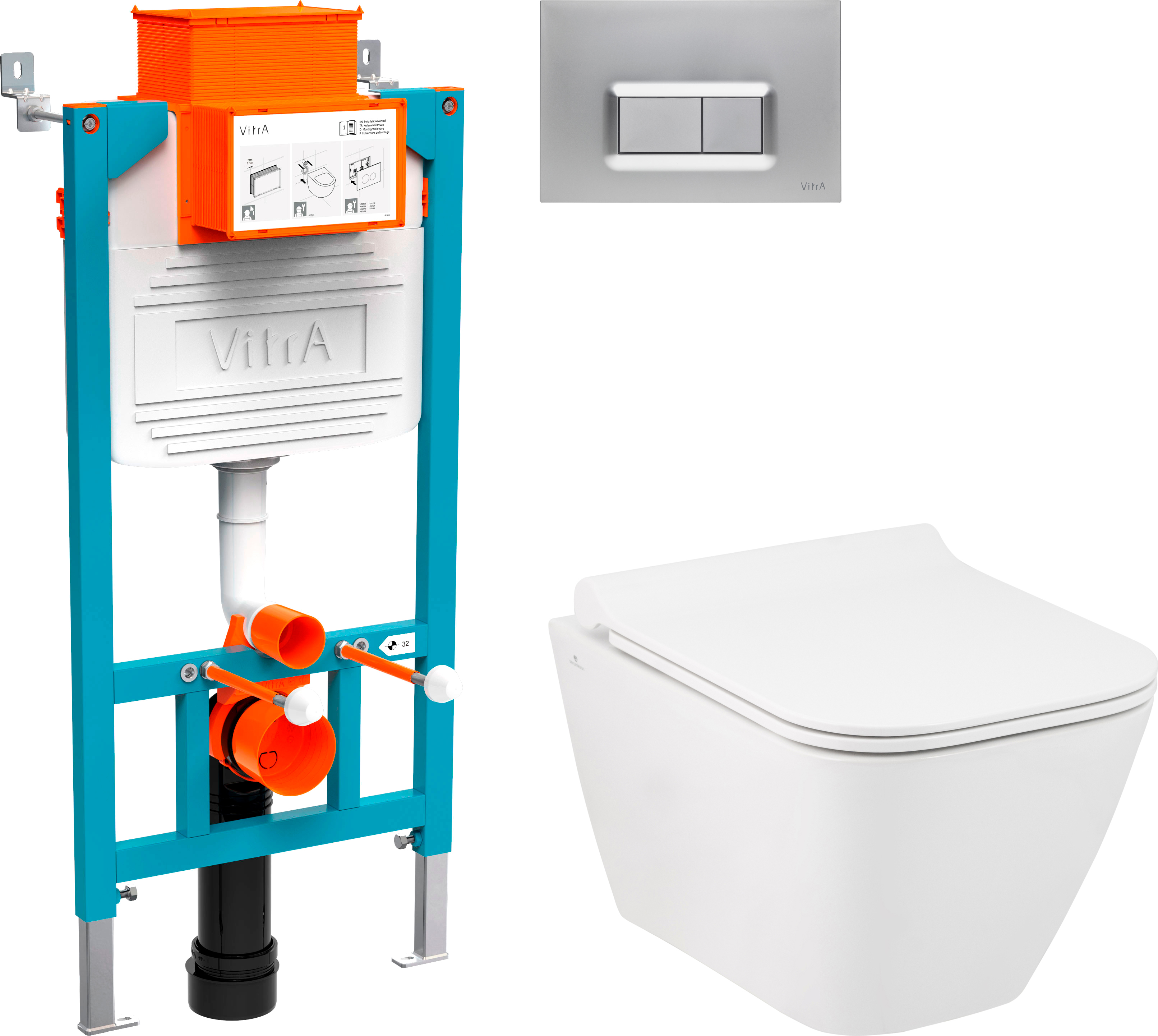 Комплект  Унитаз подвесной Seramiksan Saturn Rimout A141151H с микролифтом + Система инсталляции для унитазов VitrA 800-2016 с кнопкой смыва, хром