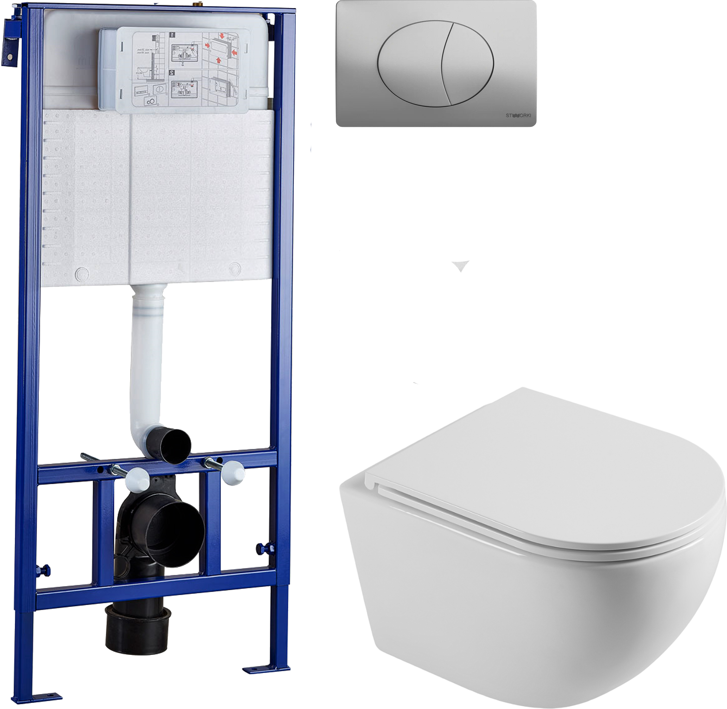 Комплект Унитаз подвесной STWORKI Скаген SK-09up безободковый, с микролифтом + Инсталляция + Кнопка 230822 хром глянцевый
