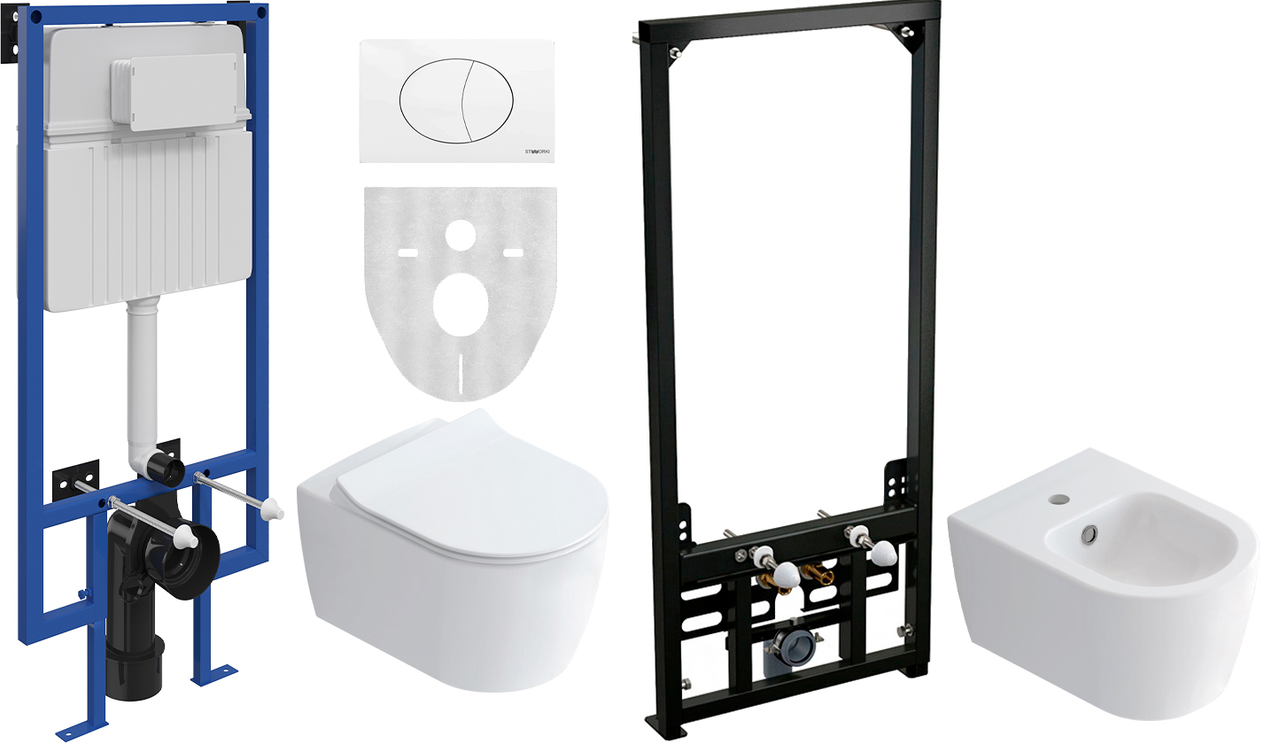 Комплект 5 в 1 Унитаз подвесной STWORKI Ноттвиль SETK3104-2616 белый + Инсталляция 510162 + Кнопка 230824 + Биде K3106-2605-001-1-0000 + Инсталляция AlcaPlast A105 /1120
