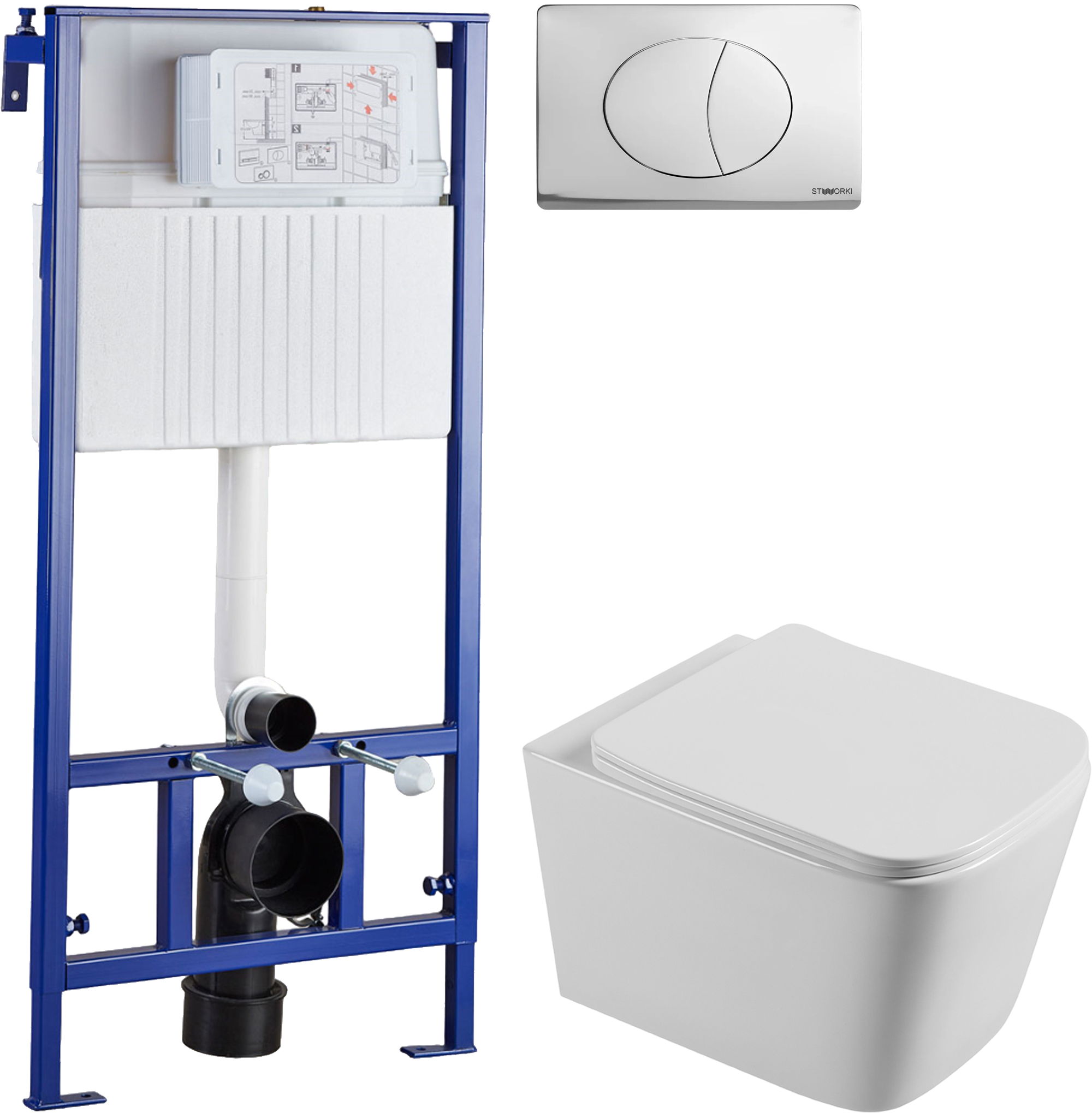 Комплект Унитаз подвесной STWORKI Бурос BU-04up безободковый, с микролифтом + Инсталляция + Кнопка 230823 хром матовый