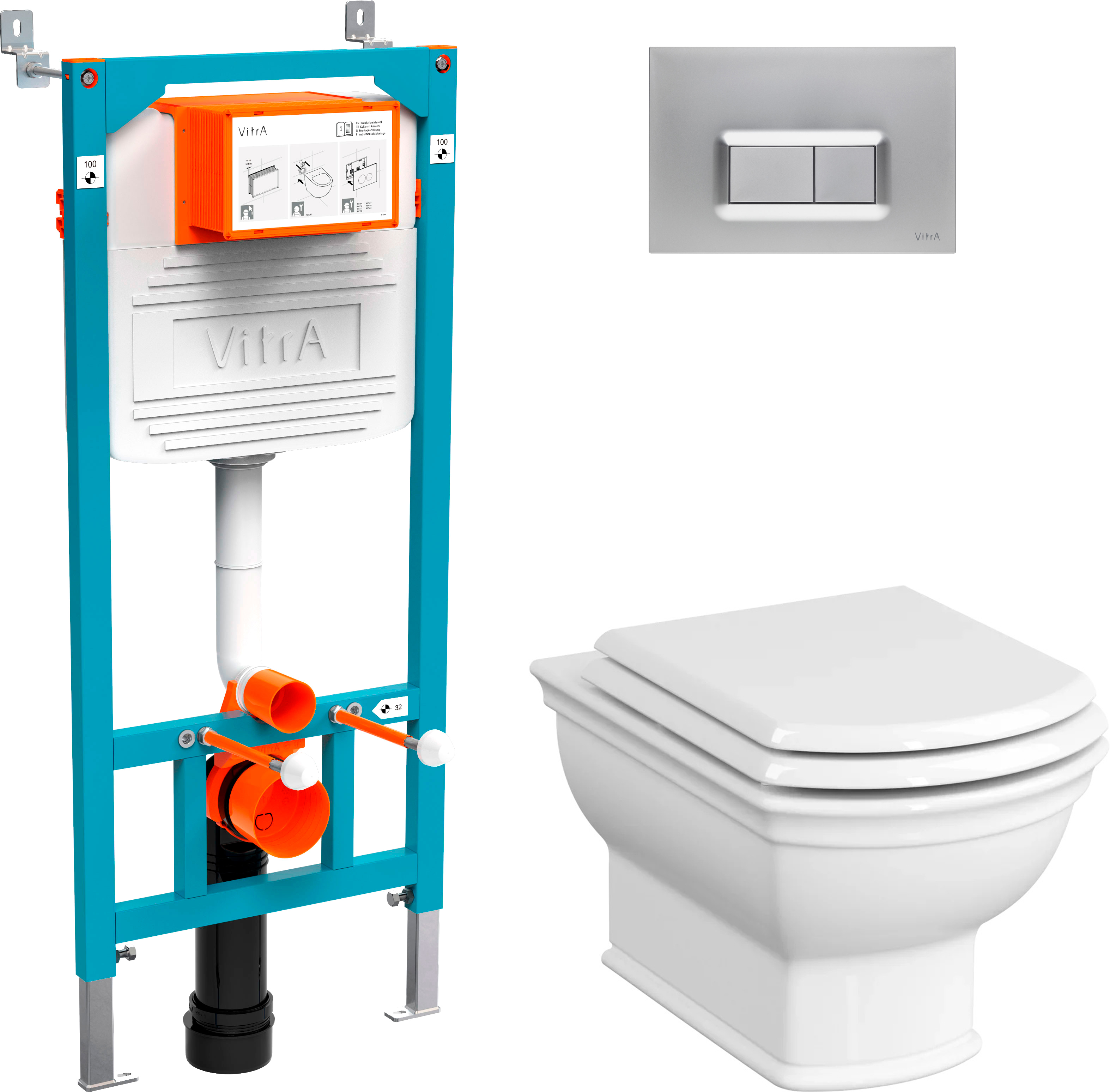 Комплект  Система инсталляции VitrA 800-2013 с кнопкой смыва, хром + Чаша для унитаза подвесного VitrA Valarte 7805B003-0075 + Крышка-сиденье VitrA Valarte 124-003-009 с микролифтом