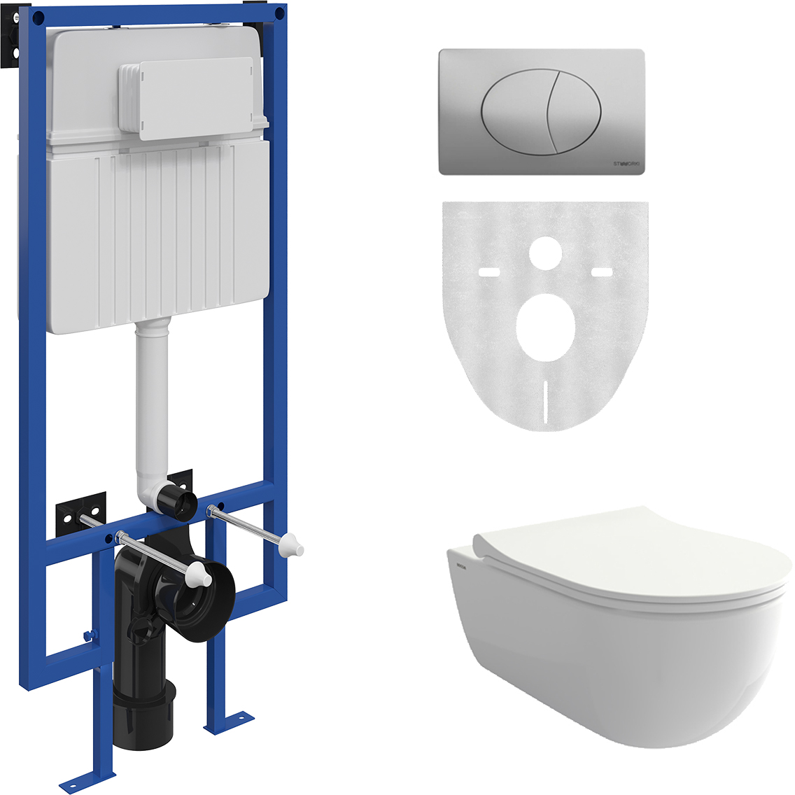 Комплект Унитаз подвесной BOCCHI V-Tondo 1416-001-0129 с микролифтом, белый глянцевый + Система инсталляции для унитазов STWORKI 510162 + Кнопка смыва STWORKI 230822 хром глянцевый