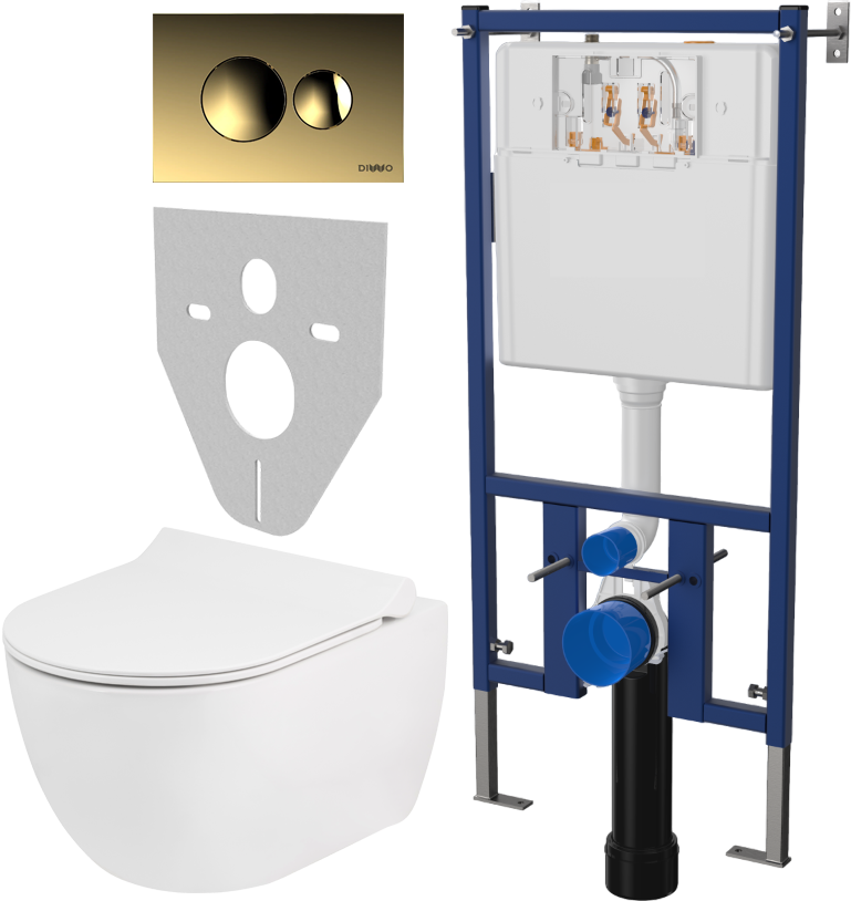 Комплект Унитаз подвесной Seramiksan Hill A031161H безободковый, с микролифтом + Система инсталляции для унитазов DIWO 4501 + Кнопка смыва DIWO 7315 золотая