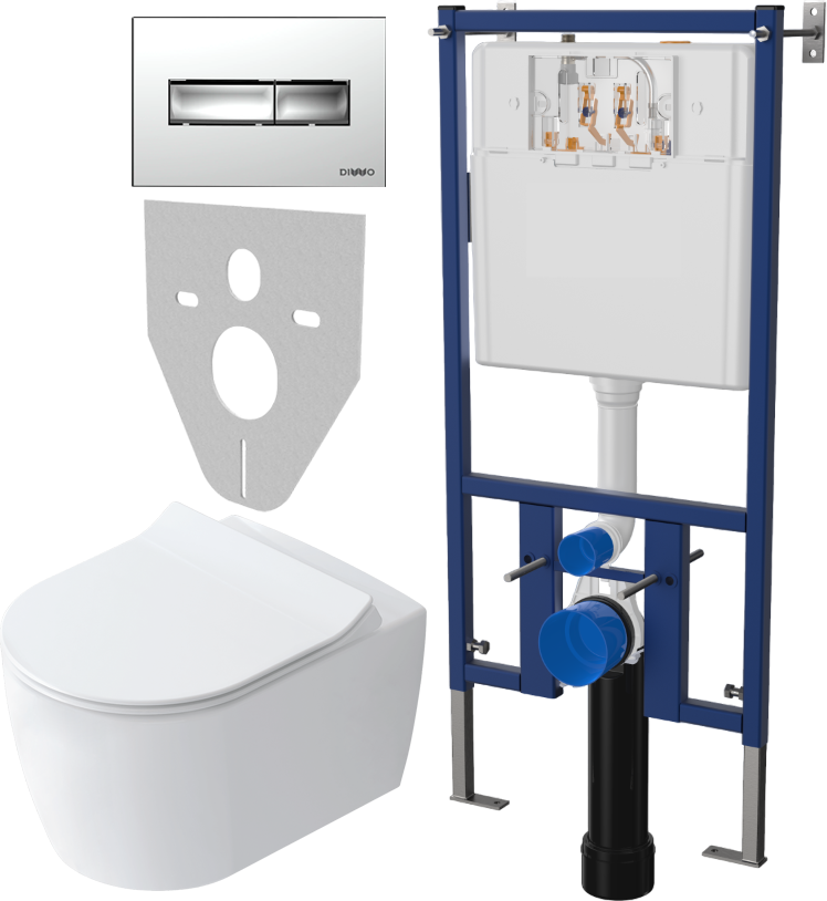 Комплект Унитаз подвесной STWORKI Ноттвиль SETK3104-2616 безободковый, с микролифтом + Система инсталляции для унитазов DIWO 4501 + Кнопка смыва DIWO 7322 хром