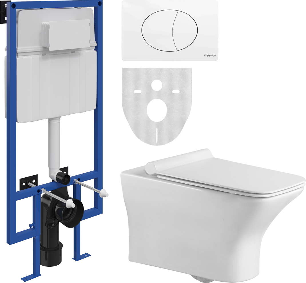 Комплект Унитаз подвесной STWORKI Вестерос VS-01up безободковый + Система инсталляции для унитазов STWORKI 510163 + кнопка смыва